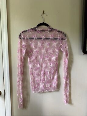 Delicate Sheer Pink Floral Lace Long-Sleeve Top